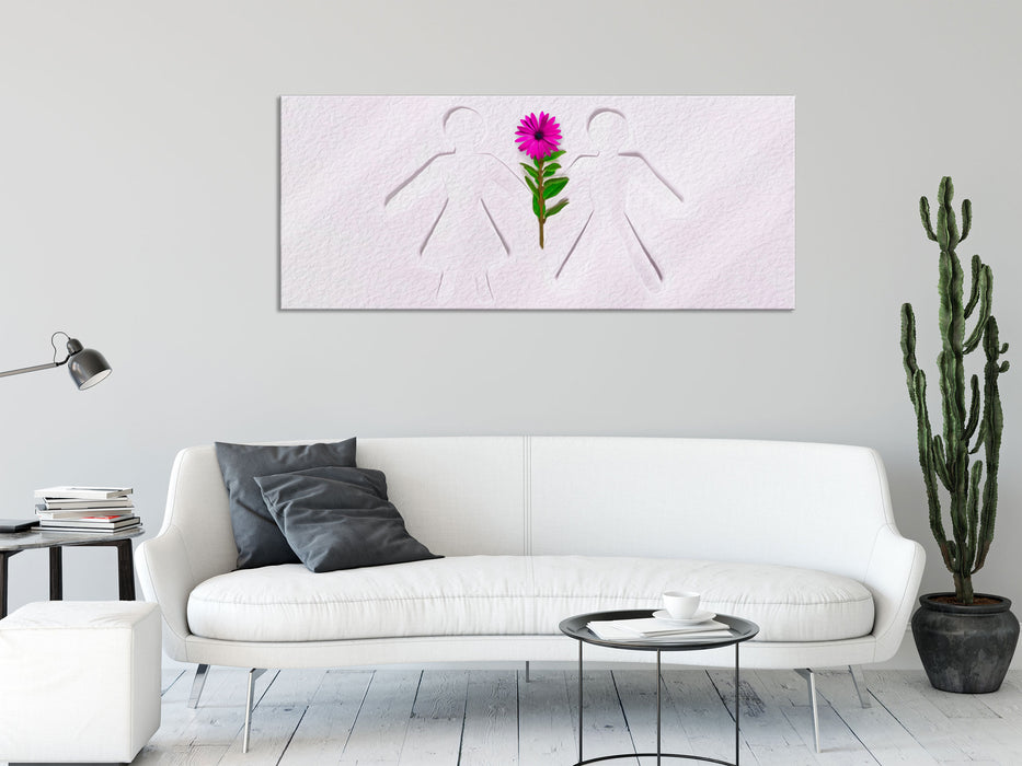 Strichmännchen mit Blume, Glasbild Panorama