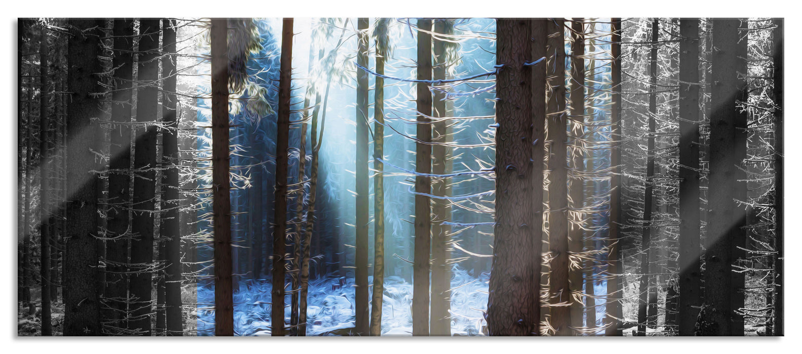 Sonne Winterwald, Glasbild Panorama