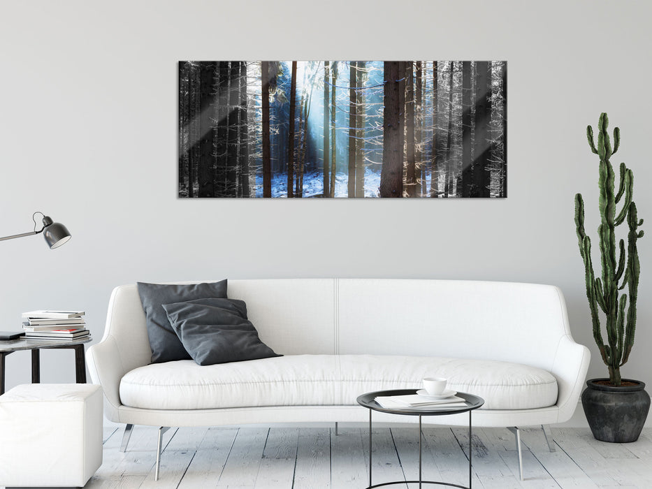 Sonne Winterwald, Glasbild Panorama