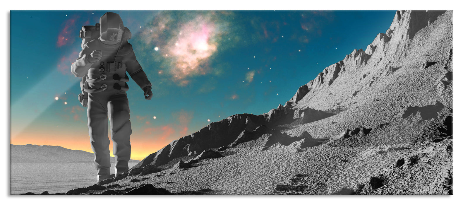 Pixxprint Astronaut läuft auf dem Mond, Glasbild Panorama