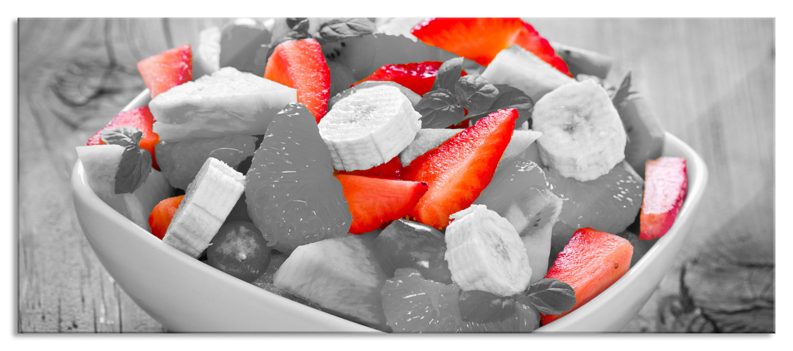 Pixxprint schmackhafter Obstsalat, Glasbild Panorama