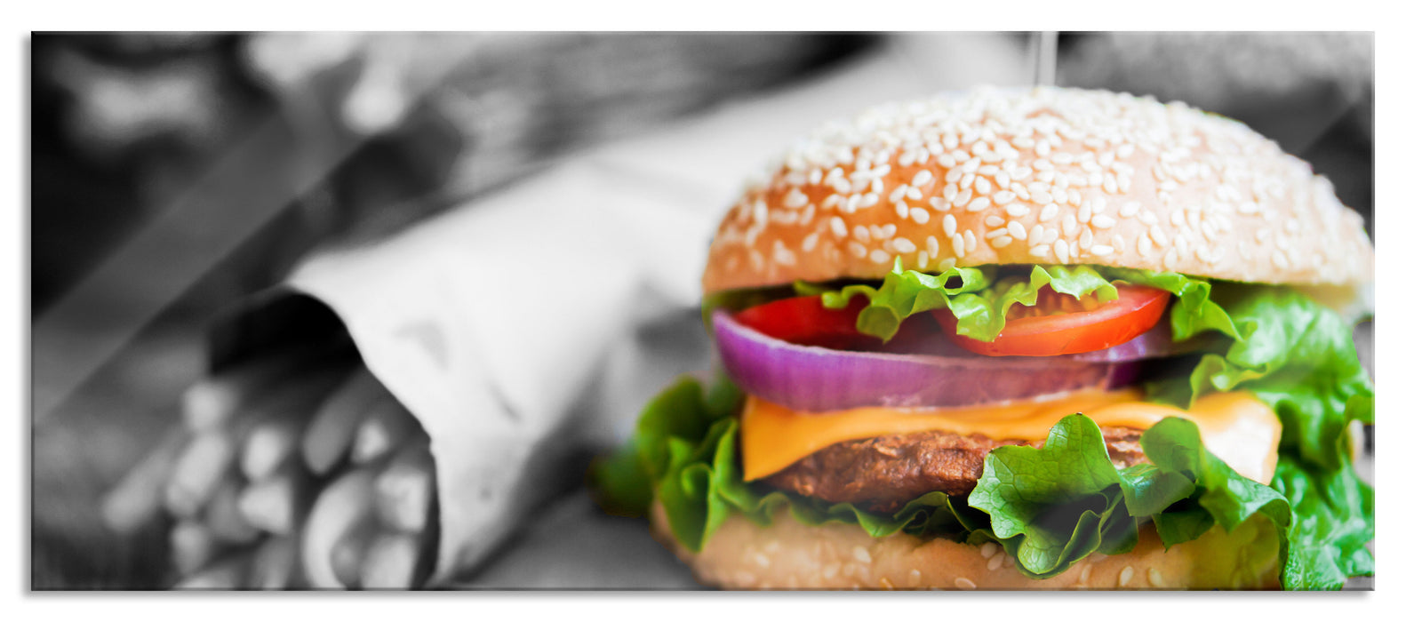 Pixxprint Burger mit Pommes, Glasbild Panorama