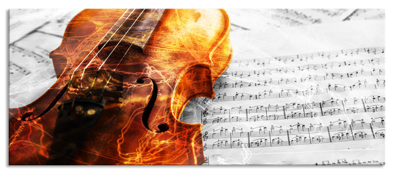 Geige auf Notenblättern, Glasbild Panorama