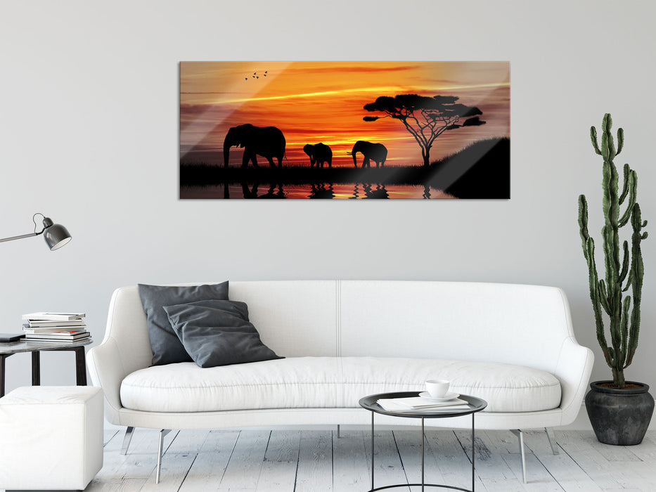 Afrika Elefant in Sonnenschein, Glasbild Panorama