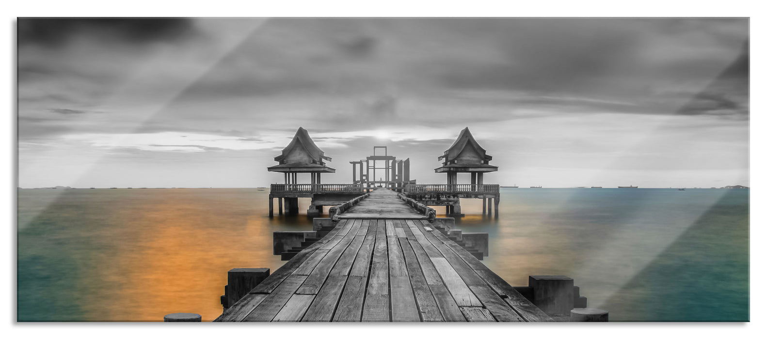 Pixxprint Bootssteg beim Sonnenuntergang, Glasbild Panorama