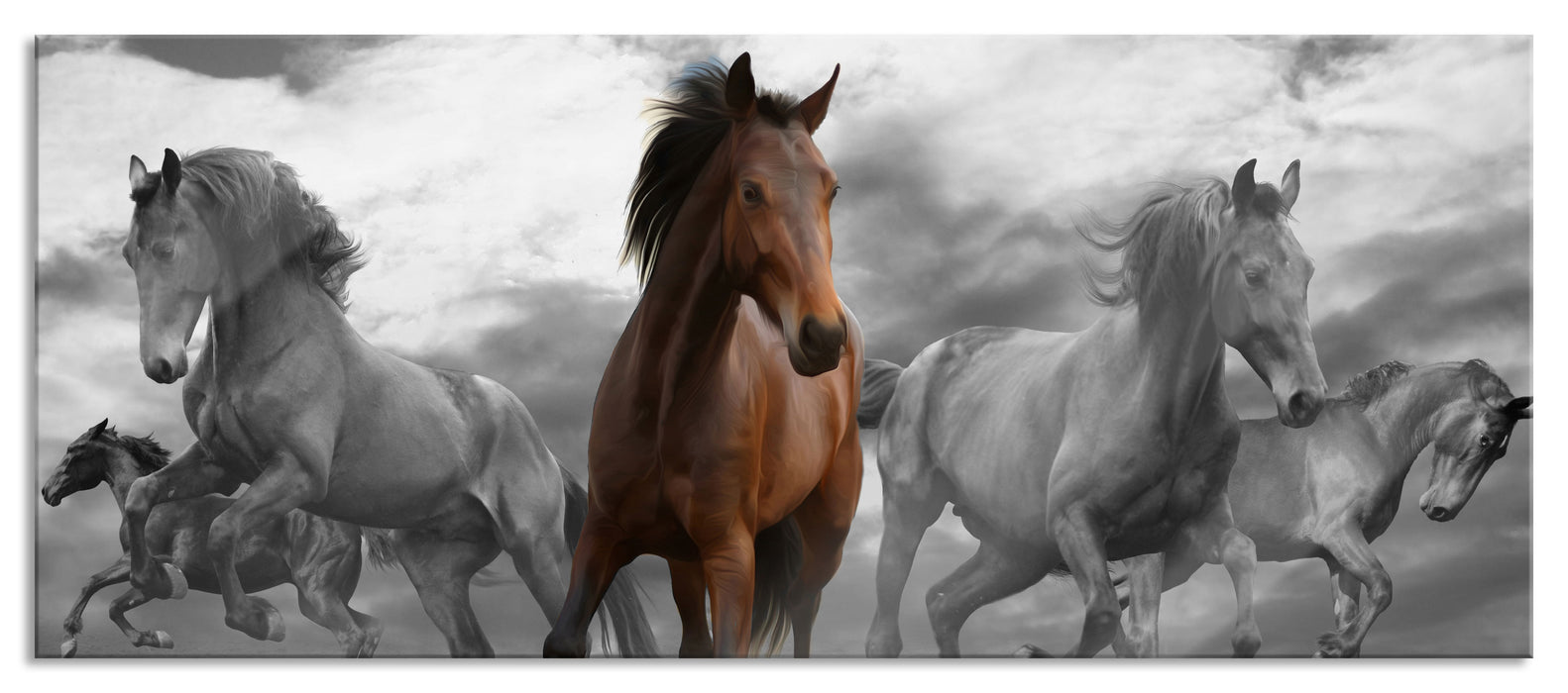 Pixxprint Mustangherde im Sand, Glasbild Panorama