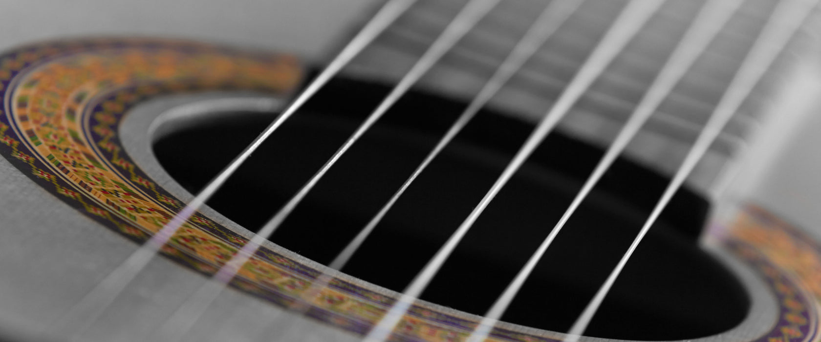 Schallloch einer Westerngitarre, Glasbild Panorama