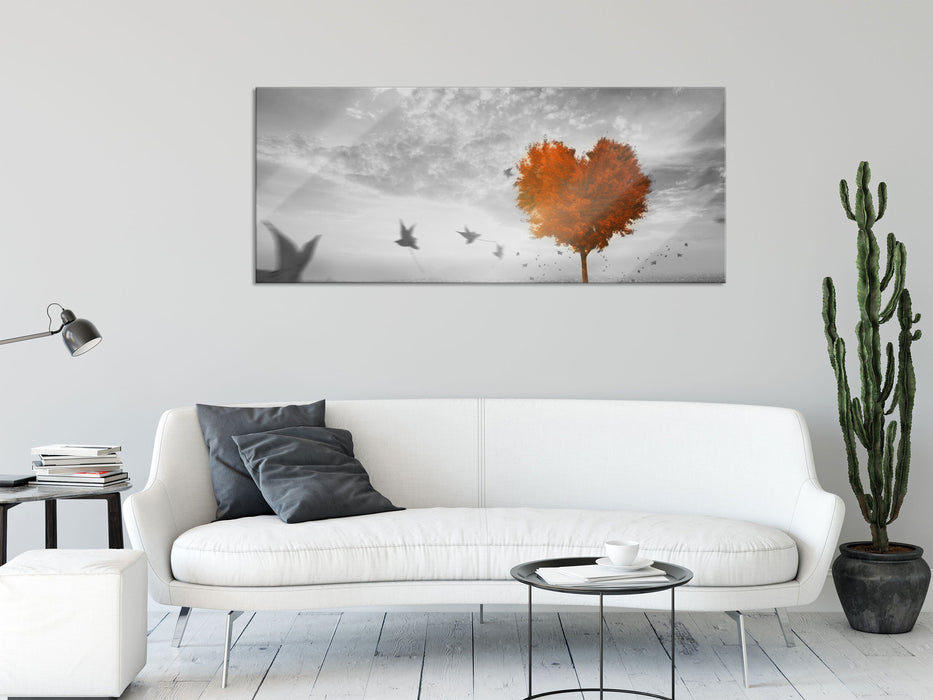 Roter Herzbaum im Herbst, Glasbild Panorama