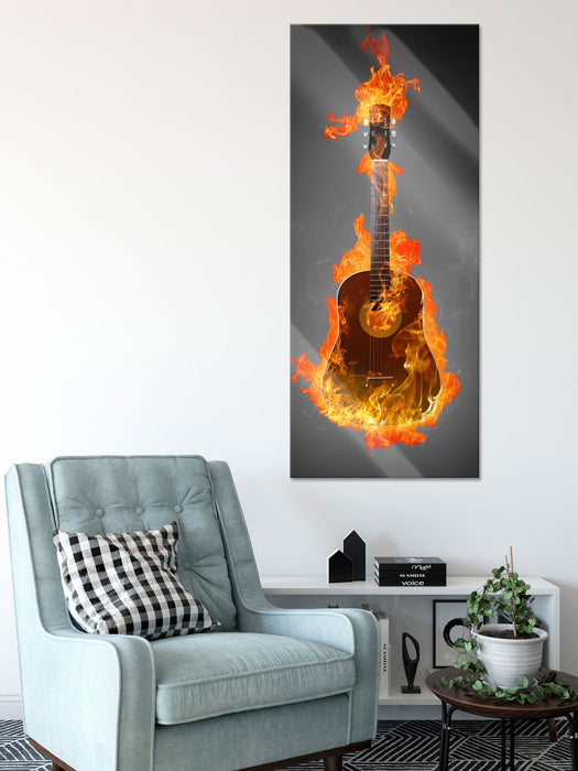 Brennende Gitarre Heiße Flammen, Glasbild Panorama