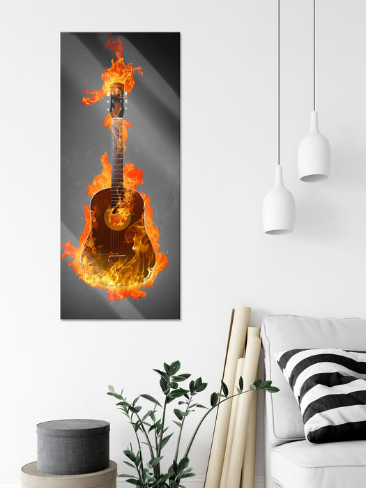 Brennende Gitarre Heiße Flammen, Glasbild Panorama