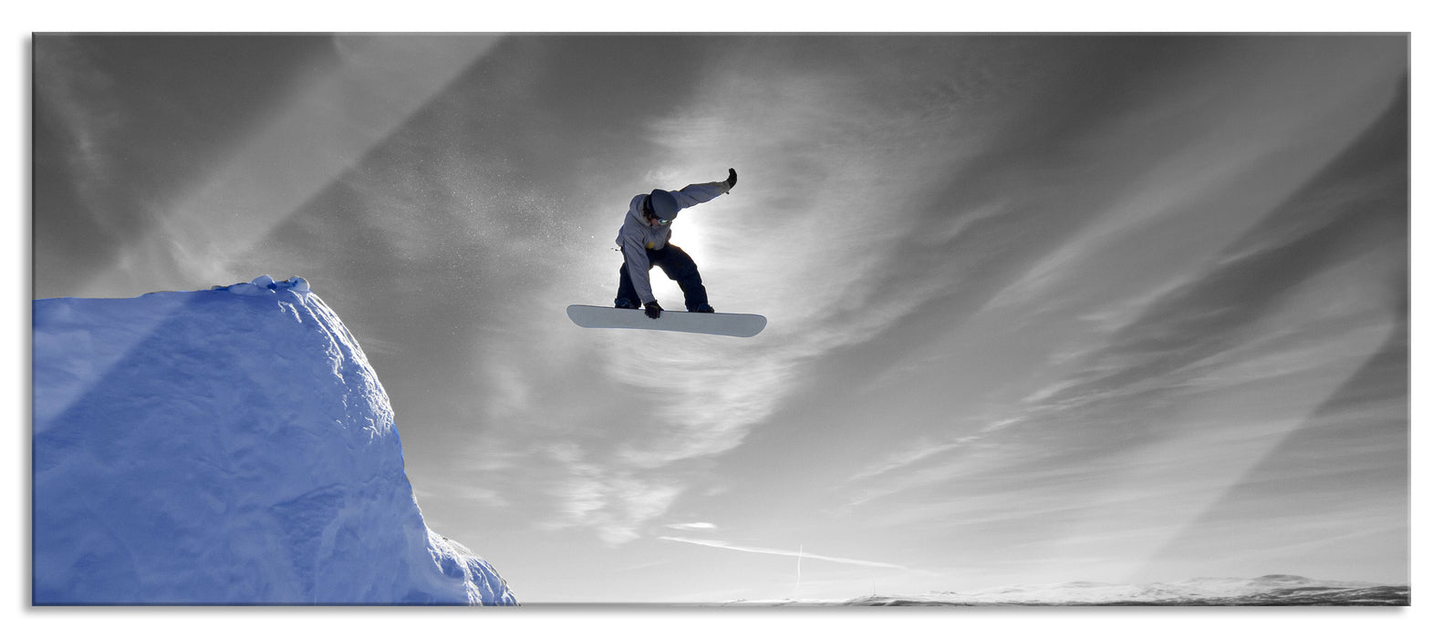 Pixxprint Snowboard Sprung Extremsport, Glasbild Panorama