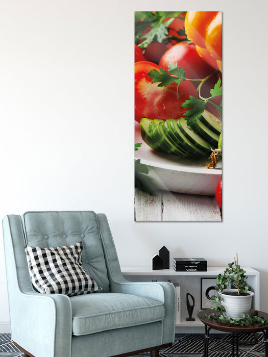 Obst Gemüse Gurke Tomaten, Glasbild Panorama