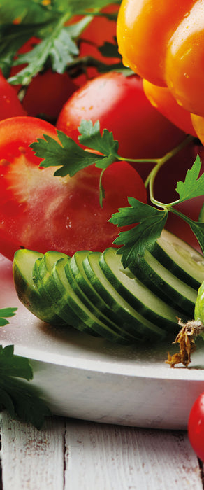 Obst Gemüse Gurke Tomaten, Glasbild Panorama