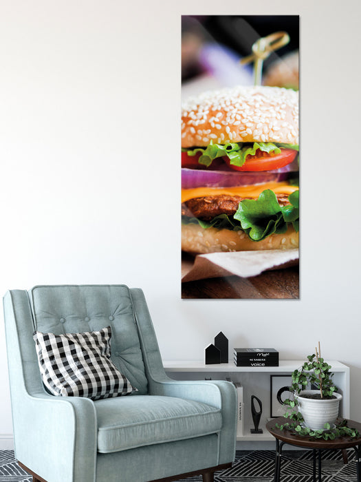 Burger und Pommes, Glasbild Panorama