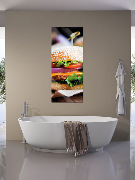 Burger und Pommes, Glasbild Panorama