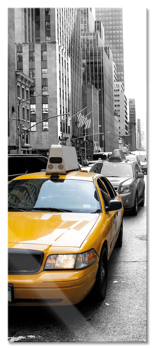 Gelbes Taxi in New York schwarz/weiß, Glasbild Panorama