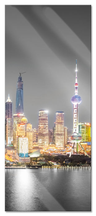 Pixxprint Shanghai Skyline bei Nacht, Glasbild Panorama