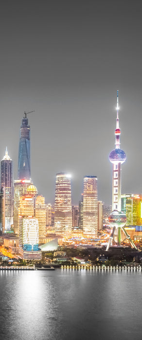 Shanghai Skyline bei Nacht, Glasbild Panorama