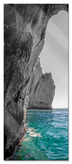 Pixxprint Felsenbucht im Meer schwarz/weiß, Glasbild Panorama