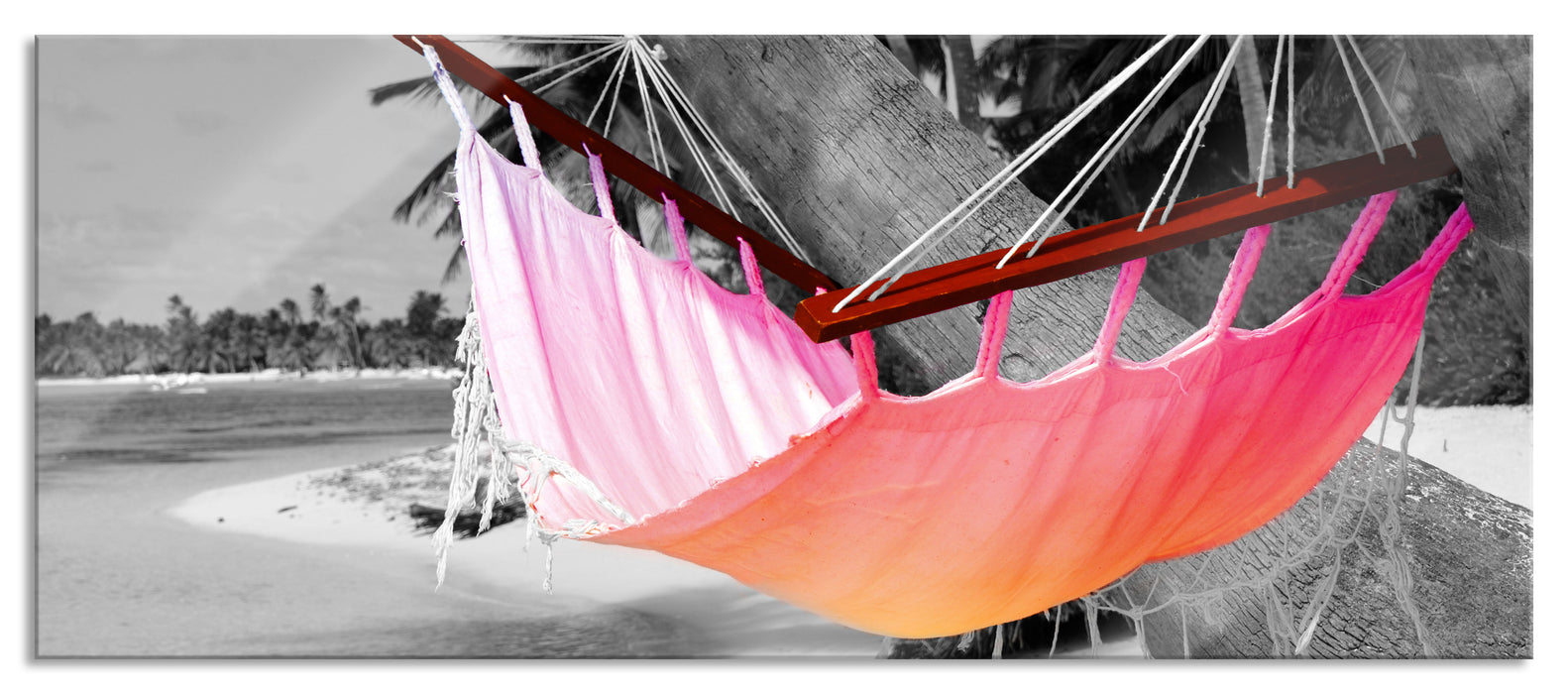Pixxprint traumhafte Hängematte am Strand, Glasbild Panorama
