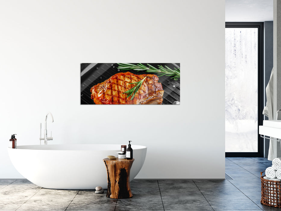 Rumpsteak auf Grill, Glasbild Panorama