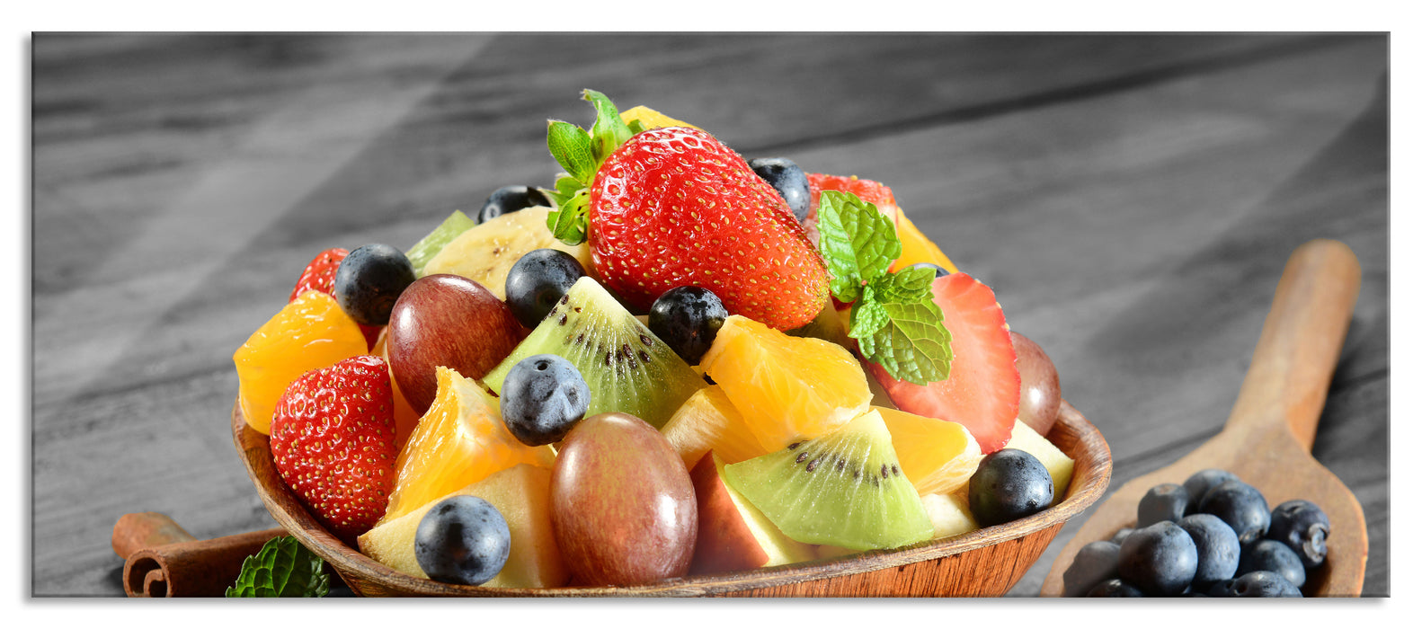 Pixxprint Obst in Holzschale, Glasbild Panorama