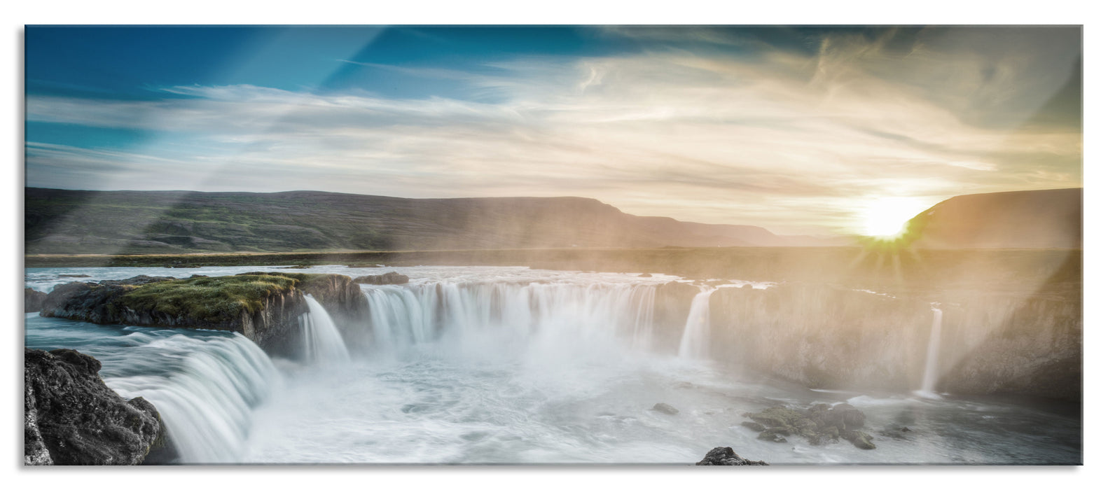 Pixxprint Goðafoss bei Sonnenuntergang, Glasbild Panorama