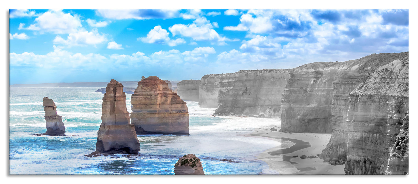 Pixxprint Sandsteinklippen am blauen Meer, Glasbild Panorama