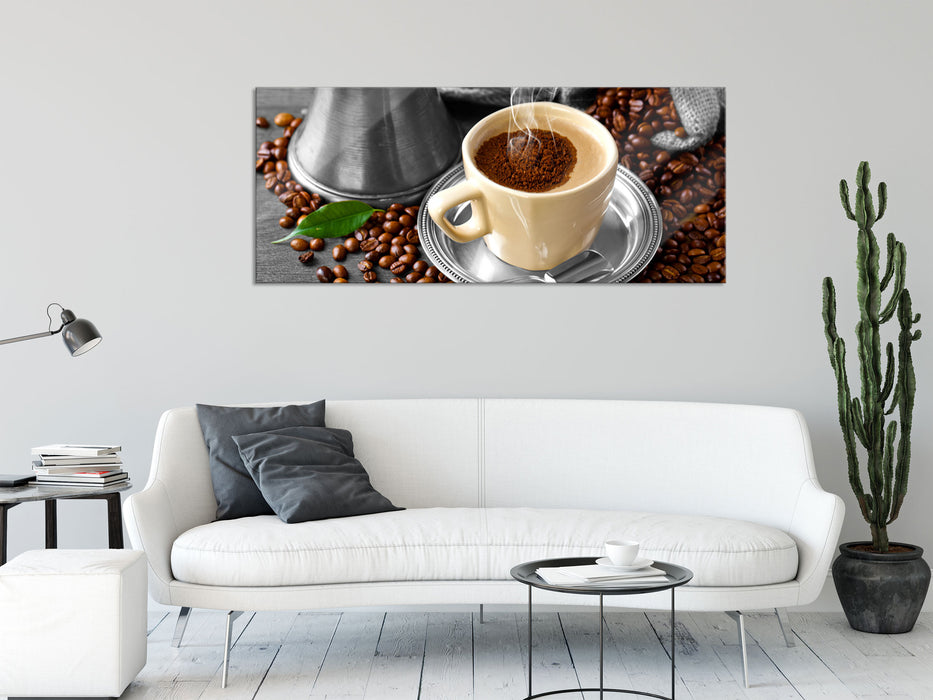 Kaffe mit Kännchen, Glasbild Panorama