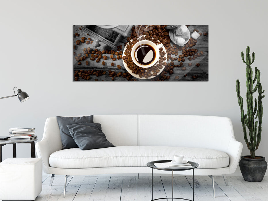 Kaffee mit Kaffeebohnen, Glasbild Panorama