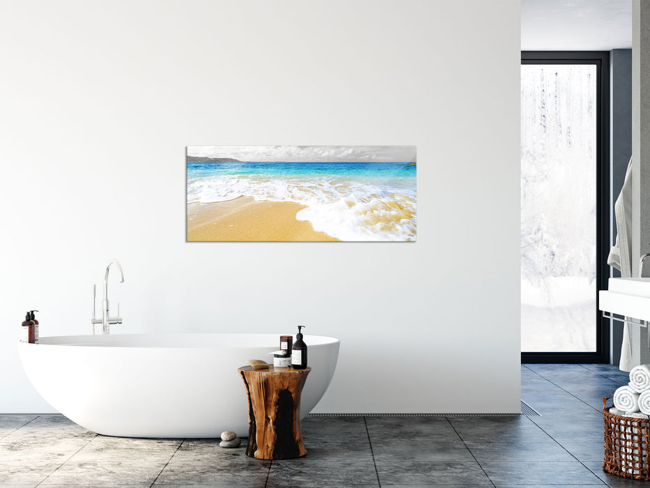 Sandstrand mit Welle, Glasbild Panorama