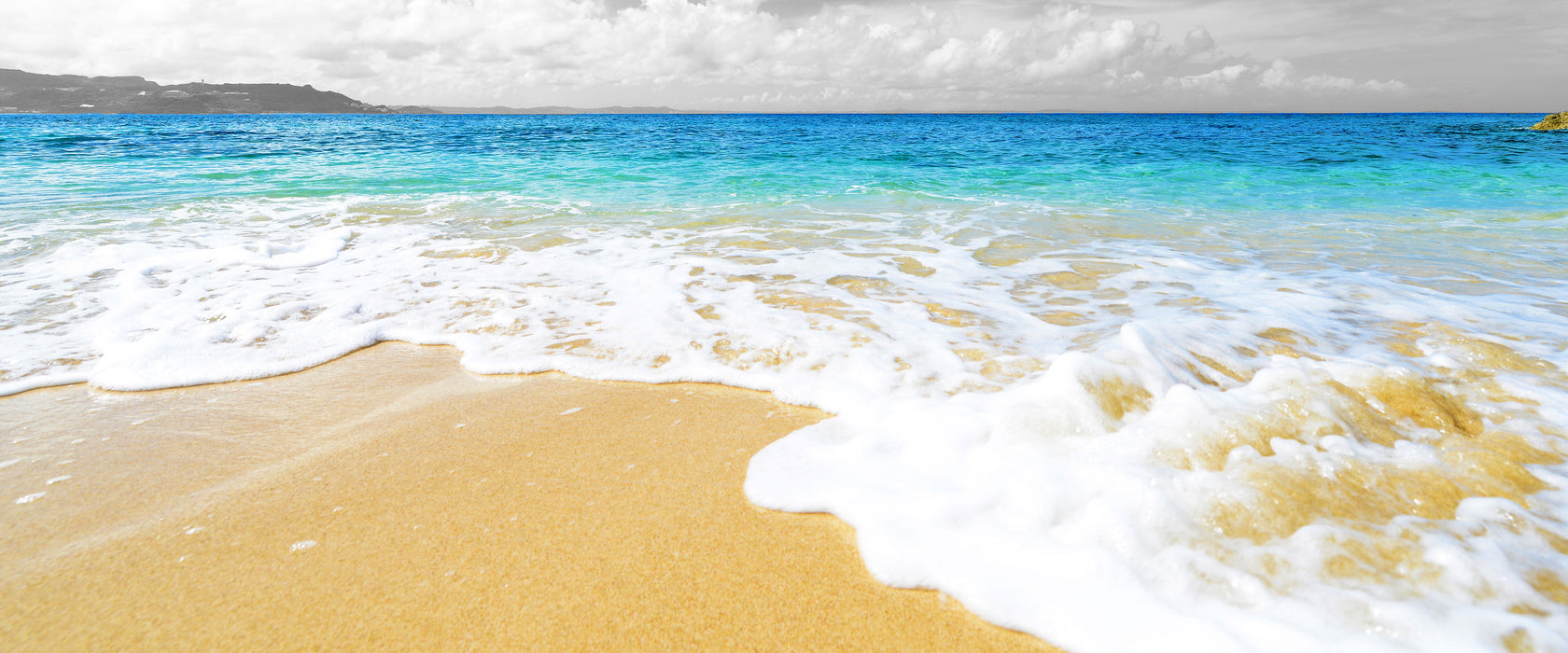 Sandstrand mit Welle, Glasbild Panorama