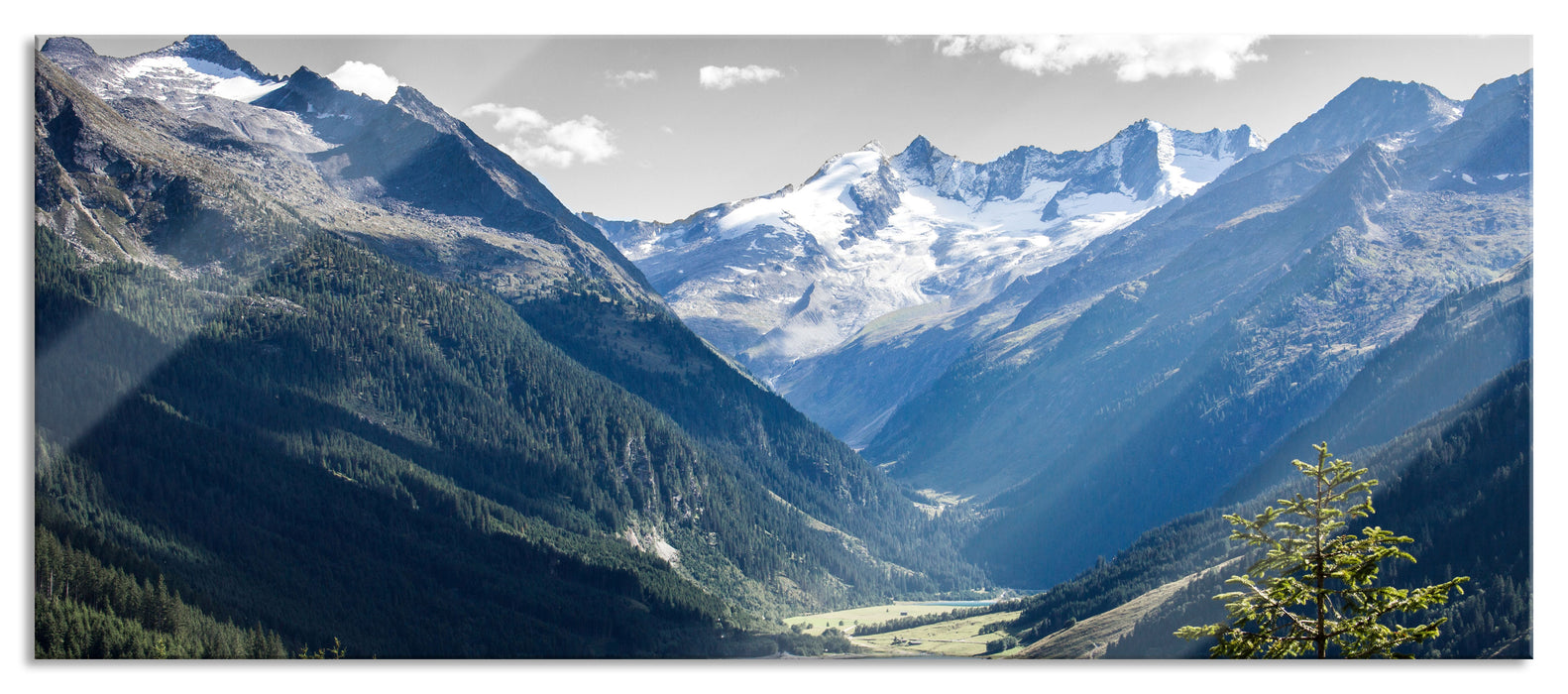 Pixxprint ruhiger See in Berglandschaft, Glasbild Panorama