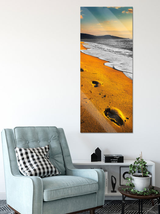 Spuren Im Sand am weiten Meer, Glasbild Panorama