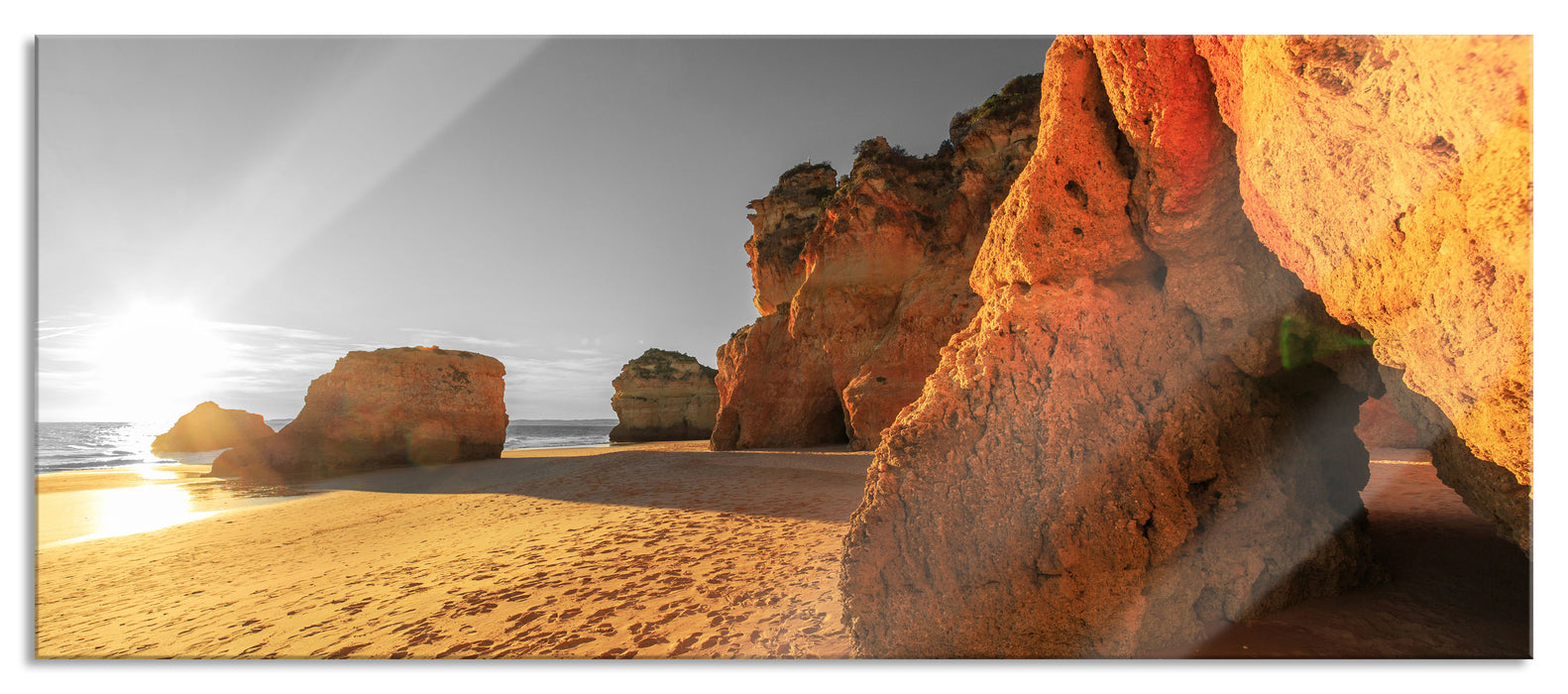 Pixxprint Riesige Felsen am Strand, Glasbild Panorama