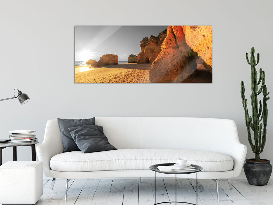 Riesige Felsen am Strand, Glasbild Panorama