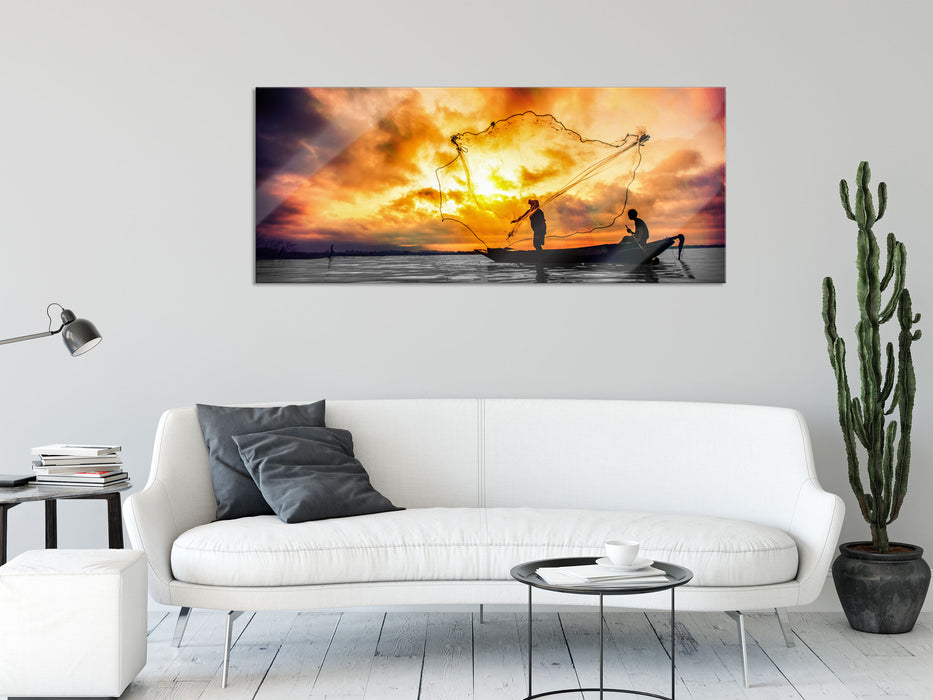 Angler mit großem Fangnetz, Glasbild Panorama