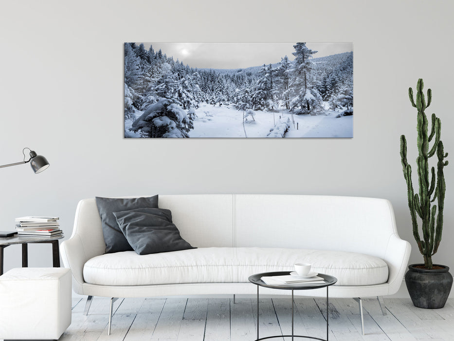 Wald im verschneiten Winter, Glasbild Panorama