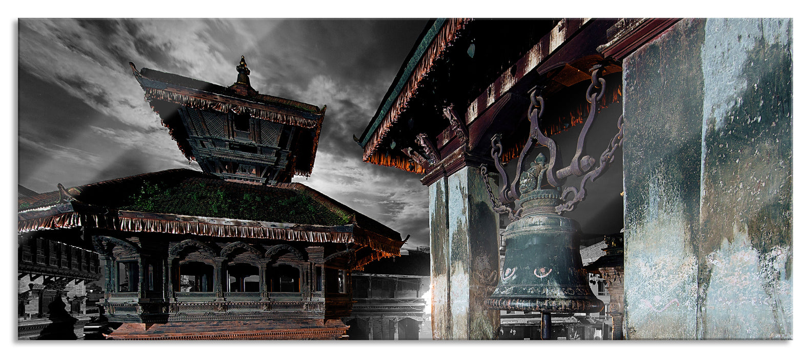 Pixxprint Stadt Bhaktapur am Abend, Glasbild Panorama