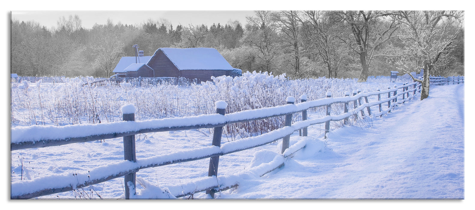 Pixxprint Holzhaus in Landschaft, Glasbild Panorama