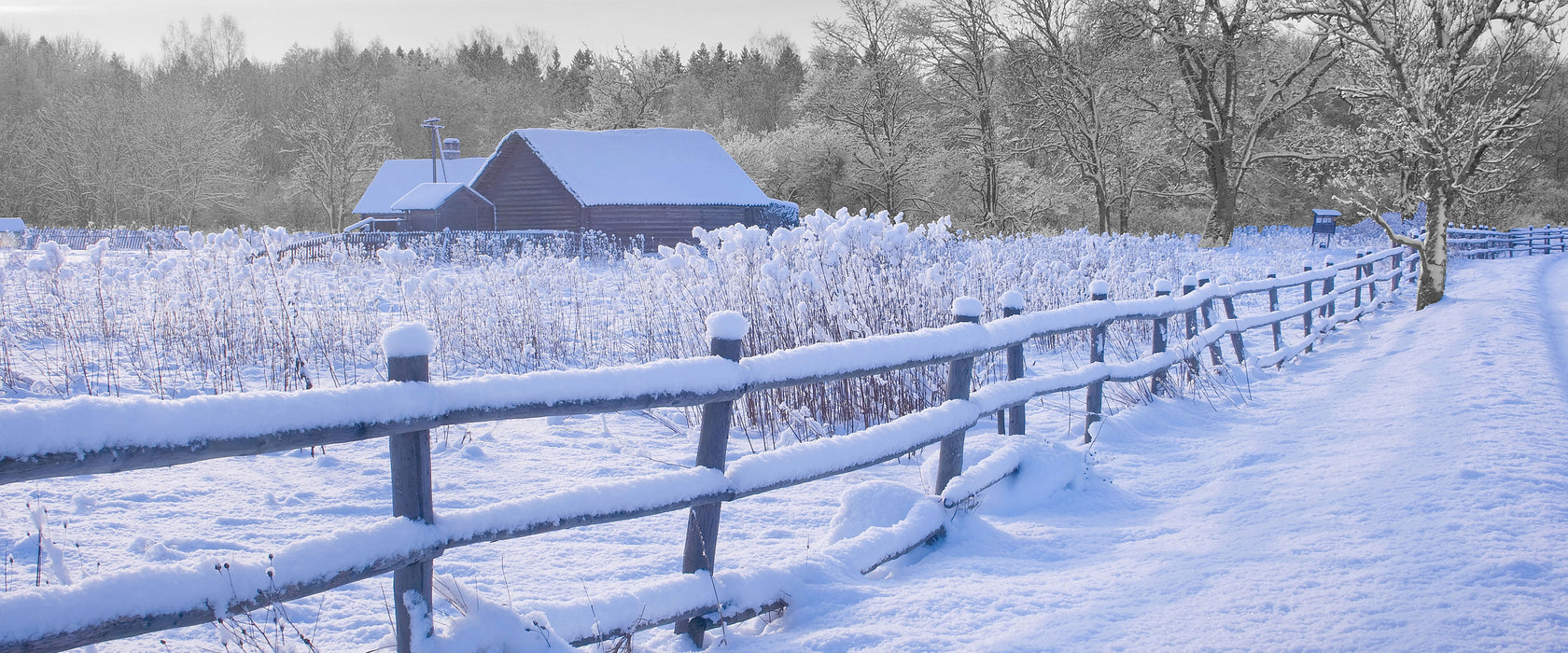 Holzhaus in Landschaft, Glasbild Panorama