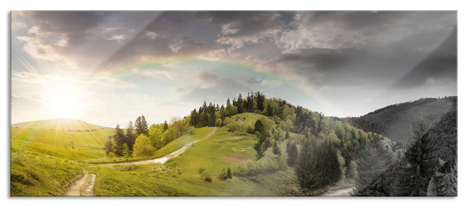 Pixxprint Verträumte Berglandschaft, Glasbild Panorama