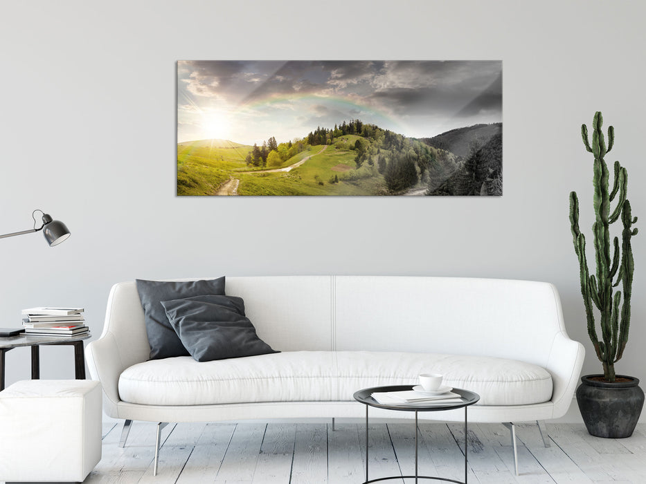 Verträumte Berglandschaft, Glasbild Panorama