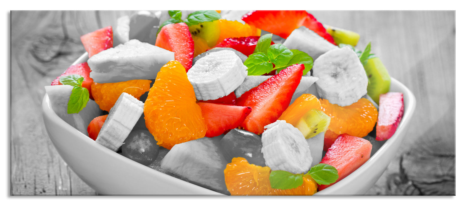 Pixxprint schmackhafter Obstsalat, Glasbild Panorama