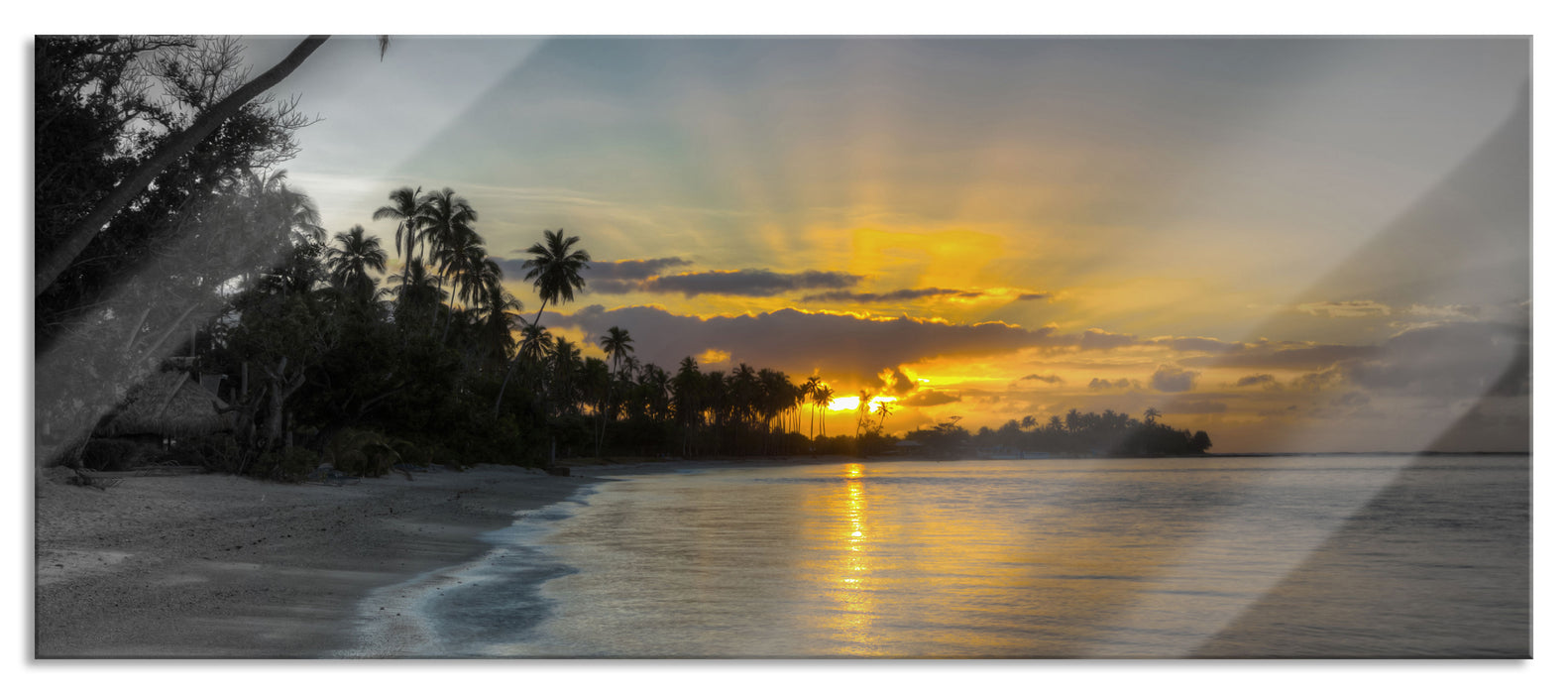 Strand beim Sonnenuntergang, Glasbild Panorama