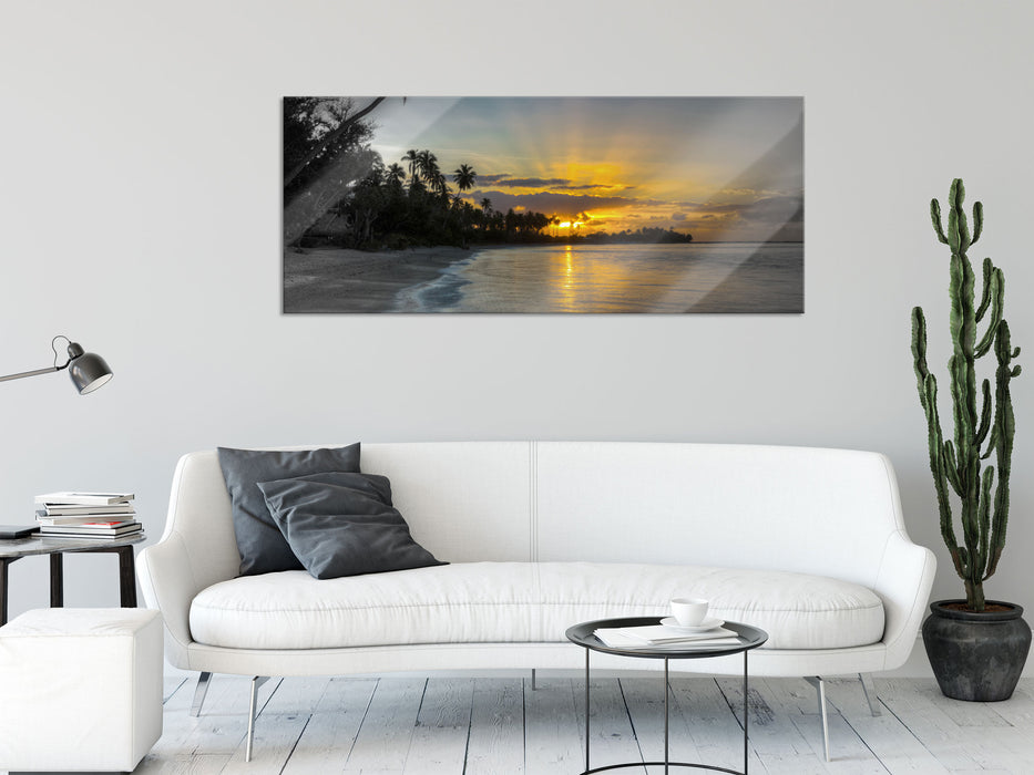 Strand beim Sonnenuntergang, Glasbild Panorama