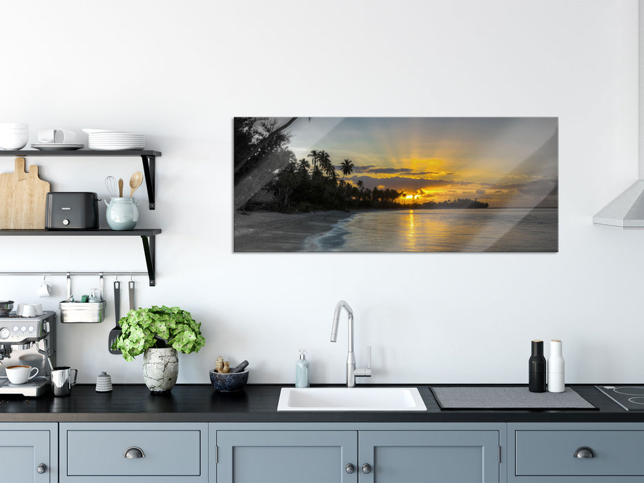 Strand beim Sonnenuntergang, Glasbild Panorama