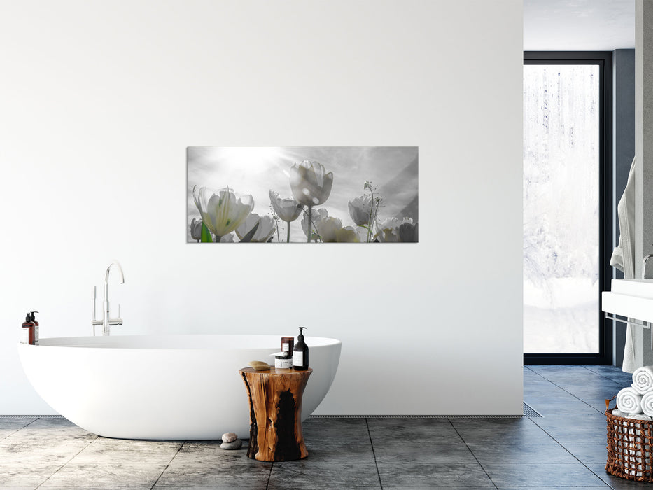 wunderschöne Tulpenwiese, Glasbild Panorama