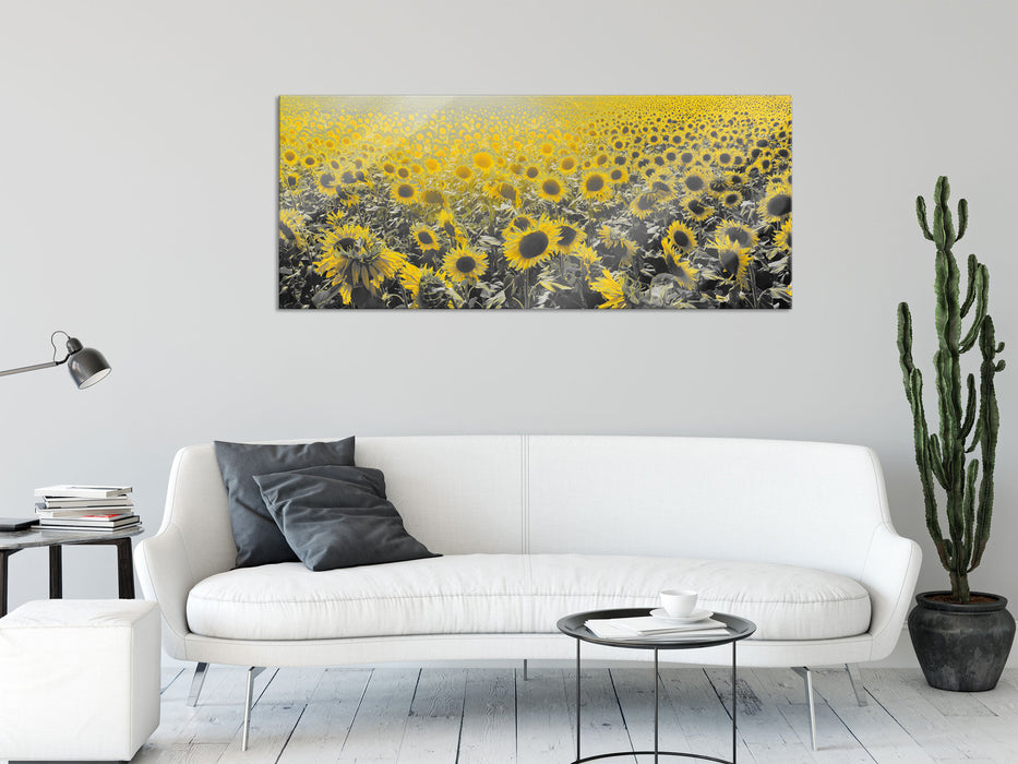 Wunderschönes Sonnenblumenfeld, Glasbild Panorama