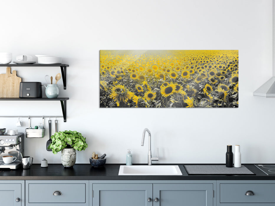 Wunderschönes Sonnenblumenfeld, Glasbild Panorama